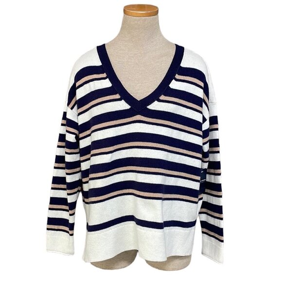 Lucky Brand Pullover Sweater NWT Striped V-Neck Blue White Size Medium M - Picture 1 of 14
